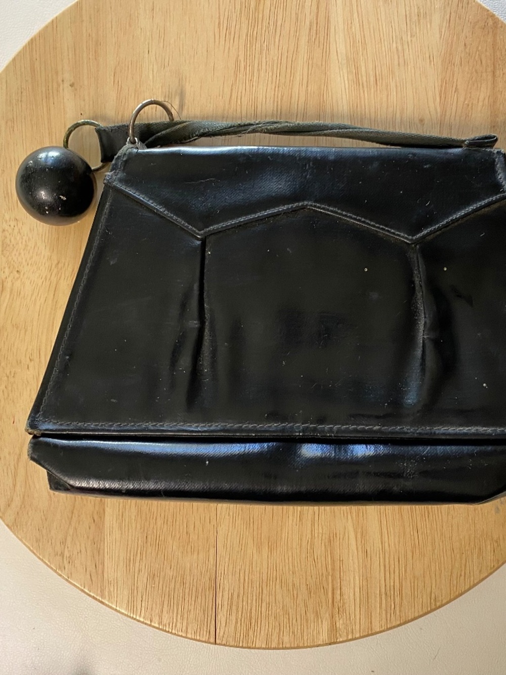 VIntage Black Purse • Fabric Handle With Ball Flap Close • Internal Coin Purse
